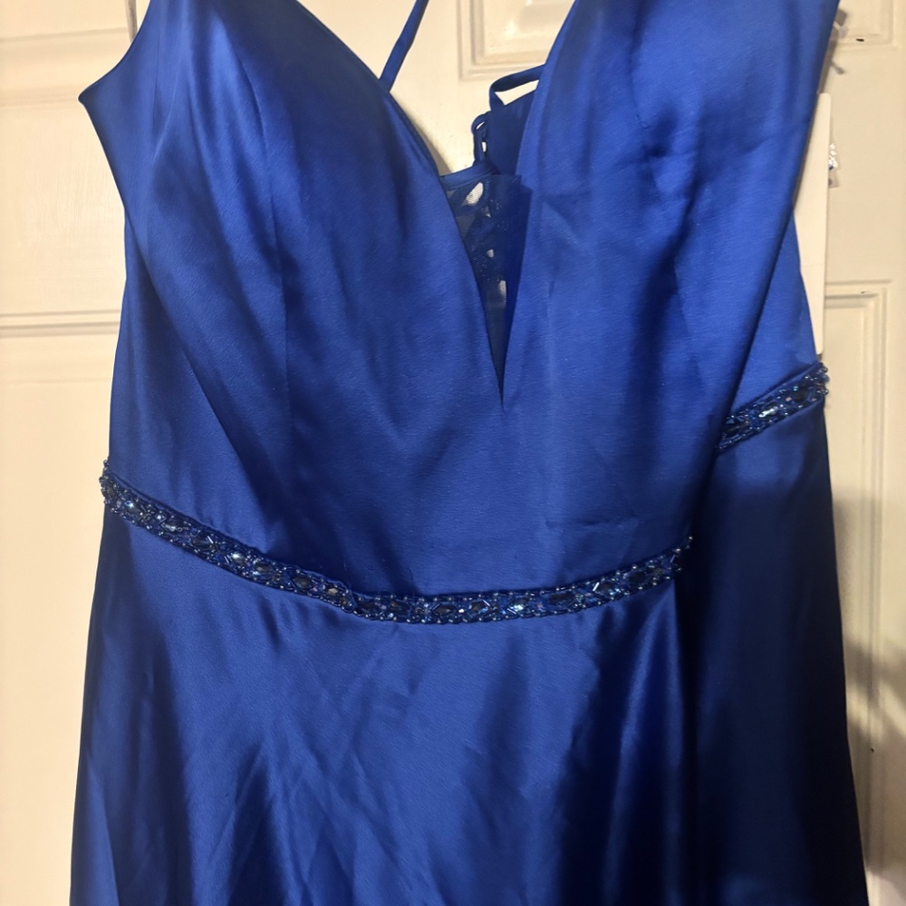 Ellie Wild By Mon Cheri Charmeuse Prom Gown Royal Blue Sz 20 - Picture 5 of 8